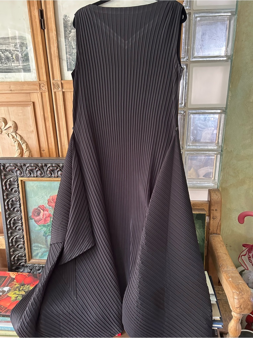 Issey Miyake Women's Black Pleated Tie Low Midi Dress Classic Dramatic Style - Picture 4 of 6